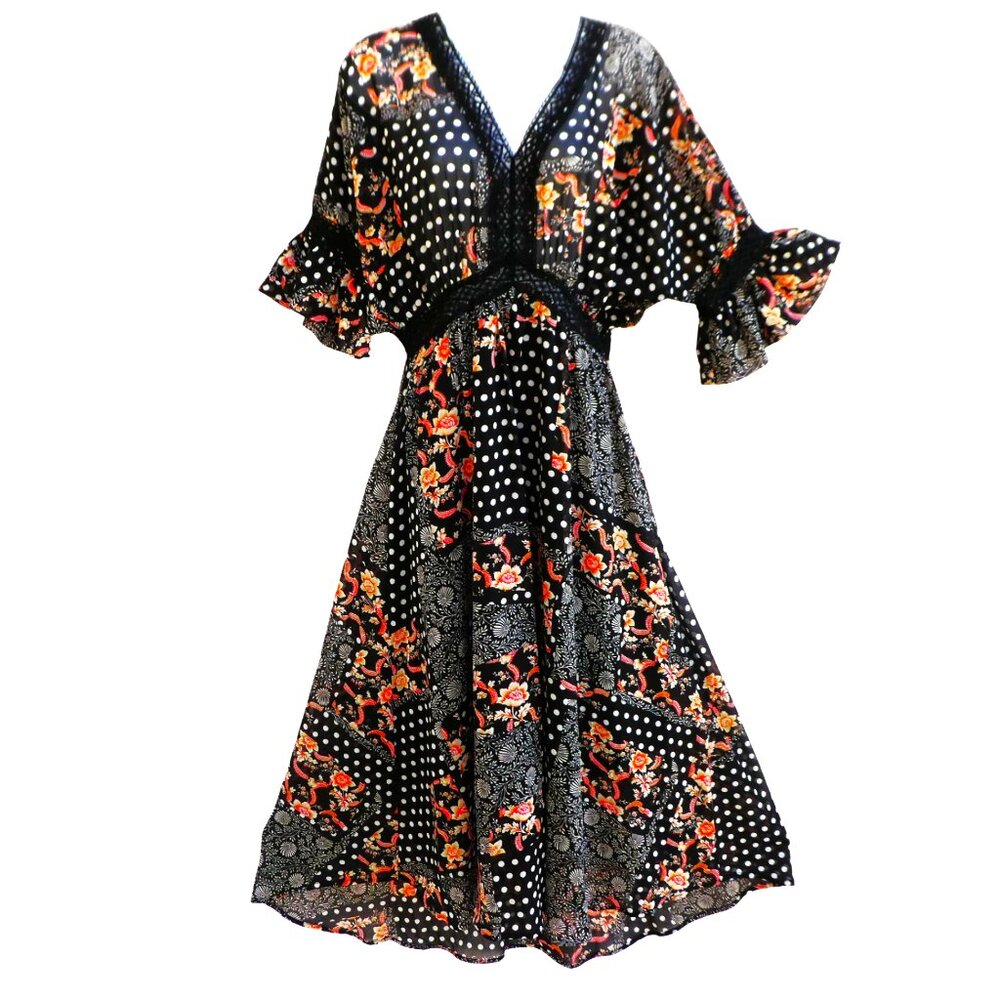 NEW Nasty Gal Collection Maxi Dress Floral Spot Mix Black Crochet Inset US 8